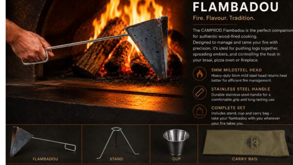CAMPROD stainless steel flambadou with 5mm mild steel head used over an open wood fire for authentic wood-fired cooking.